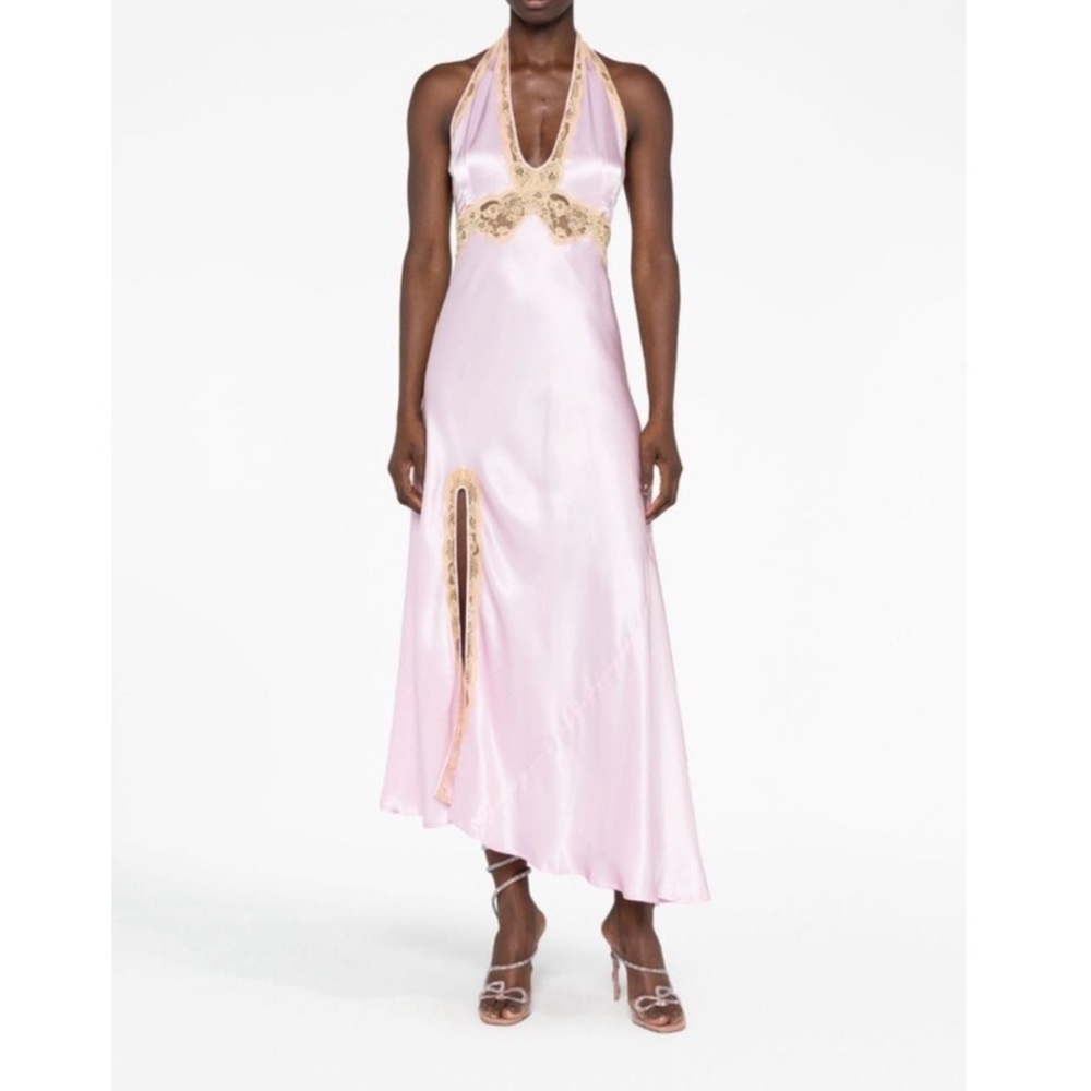 140. De La Vali Floral lace-trim Pink Silk Maxi Dress $798 EUC US 2
